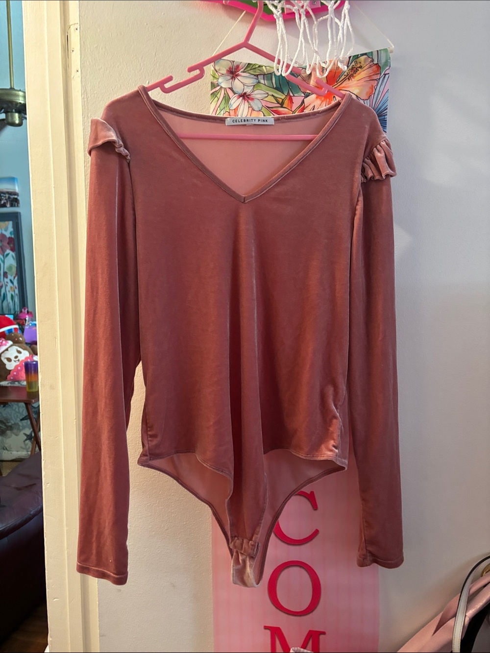 Celebrity Pink Dusty Rose Long-Sleeve V-Neck Bodysuit